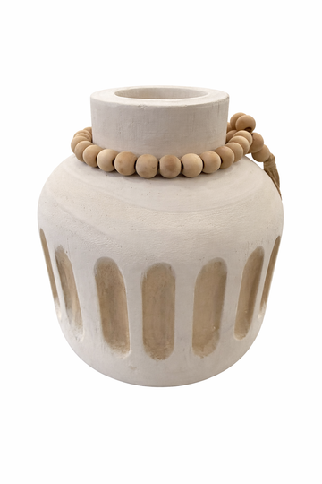 W333 White wood vase with beads